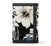 LYHVSFJW Portafoglio Trifold da basket con 8 scomparti per schede, tasca sottile per monete con cerniera, diviso, per uomini e donne, Fiori hawaiani bianchi e neri, Taglia unica, Moderno