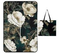 LYHVSFJW Tappetino da picnic convertibile con cerniera e fiori bianchi, extra large, impermeabile e isolante, con design a borsa, pieghevole, per campeggio, spiaggia, parco, 150 x 100 cm