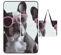 LYHVSFJW Tappetino da picnic convertibile con motivo bulldog francese con occhiali rosa, extra large, impermeabile e isolante, con design a borsa, pieghevole, per campeggio, spiaggia, parco, 150 x 100