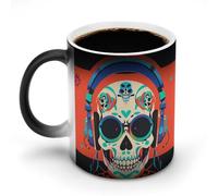 LYHVSFJW Tazza da caffè in ceramica con auricolari punk rock e teschio, tazza da caffè in vetro che cambia calore, tazza da tè personalizzata, 325 ml, tazze a sublimazione per bevande calde e fredde