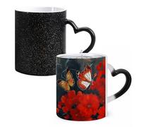 LYHVSFJW Tazza da caffè in ceramica con fiori rossi e farfalle, che cambia il calore, tazza da tè personalizzata, 325 ml, sublimazione, per bevande calde e fredde, casa, ufficio, feste