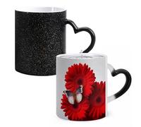 LYHVSFJW Tazza da caffè in ceramica con fiori rossi e farfalle, che cambia il calore, tazza da tè personalizzata, 325 ml, sublimazione, per bevande calde e fredde, casa, ufficio, feste