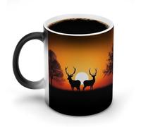 LYHVSFJW Tazza da caffè in ceramica con motivo di cervo e tramonto, in ceramica, cambia calore, tazza da tè personalizzata, per bevande calde e fredde, casa, ufficio, feste