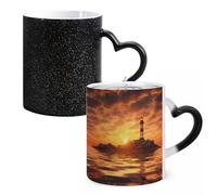 LYHVSFJW Tazza da caffè in ceramica con motivo faro di mare al tramonto, tazza da caffè che cambia il calore, tazza da tè personalizzata, 325 ml, tazza a sublimazione per bevande calde e fredde, casa