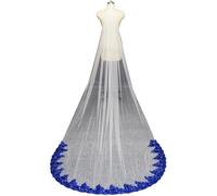 LYHYDMA Velo Sposa Velo da sposa lungo in tulle morbido bianco pizzo blu 3 metri con paillettes(300cm)