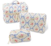 LYkotama Set di trousse per il trucco, grandi borse da viaggio per donne, 3 borse per il trucco graziose floreali, borsa organizer per articoli da toeletta trapuntata, borsa di emergenza per, Blu,