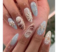 LYMCY Press-on - Unghie finte in stile oceano con stella marina 3D, per donne e ragazze, 24 pezzi