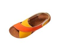 LYMLYB Eleganti Sandali con Cinturino Elastico alla Caviglia e Tacco Basso a Zeppa per Donna,Estivi Cinturini Incrociati,Comodi,Bassi,Casual da Spiaggia,Redandyellow,42 EU