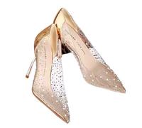 LYMLYB Sandali con Tacco a Spillo Trasparenti con Strass da Donna, Comodi in Pelle, Punta Chiusa, Slip on, Tacchi Alti, per Feste, Balli di fine Anno, Scarpe Eleganti,d'oro,38 EU