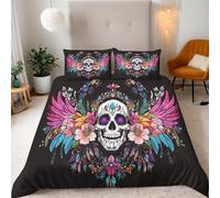 LYNNB Giorno Dei Morti Copripiumino una Piazza e Mezza 200x200cm Fiori Di Piume Colorate Copripiumino Matrimoniale Microfibra Biancheria da Letto 3 Pezzi Set con Cerniera Nascosta e 2 Federe 50x75cm