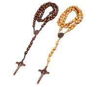 Lynqvor 2 Collane del Rosario in Legno Collana con Croce Cattolica di Cristiani Cattolici con Perline per Donna, Collana Religiosa per Comunione, Battesimo, Cresima e Cerimonie Religiose