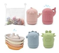 LYNSAN Giochi Bagnetto per Bambini, 8 Pezzi Giocattolo da Bagno Animali in Silicone con Barchette da Bagno Impilabili e Borsa per Il Riporlo, Giocattolo Acqua Doccia Regalo per Neonato Bambini
