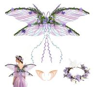 LYPPUL Ali da Fata per Adulti, Set Costume con Ali da Fata | Include ali da farfalla, orecchie da elfo e coroncina di fiori; set costume da fata per Carnevale, Halloween, cosplay e feste