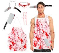 LYPPUL Costume da macellaio per Halloween, 6 pezzi, Halloween, costume da macellaio, costume da Halloween da uomo con grembiule sanguinoso, coltello fascia per capelli, sega, costume per Halloween,
