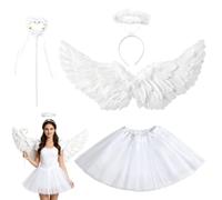 LYPPUL Set di 4 ali d'angelo da 80 cm, colore bianco con tramonto, costume da angelo da donna, costume con ali d'angelo e bacchetta magica, per Halloween, Natale, carnevale, feste a tema