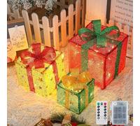 Lypumso Set di 3 Pacchi Regalo Luminosi Natale, 50Leds Scatole Regalo di Natale 8 modalità con Telecomando e Timer, Batteria, LED Scatole Natalizie Stella Luminose per Decorazioni Natalizie, Albero