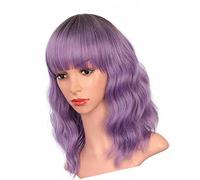 lyrlody Parrucche Ondulate Corte, Capelli Sintetici, Lunghezza della Spalla con la Parrucca per Capelli Ondulati con Frange, per Abbigliamento Cosplay Party Quotidiano, vestibilità (PURPLE)