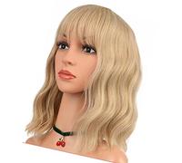 lyrlody Parrucche Ondulate Corte, Capelli Sintetici, Lunghezza della Spalla con la Parrucca per Capelli Ondulati con Frange, per Abbigliamento Cosplay Party Quotidiano, vestibilità (Oro chiaro)