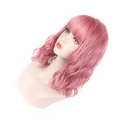 lyrlody Parrucche Ondulate Corte, Capelli Sintetici, Lunghezza della Spalla con la Parrucca per Capelli Ondulati con Frange, per Abbigliamento Cosplay Party Quotidiano, vestibilità (rosa chiaro)