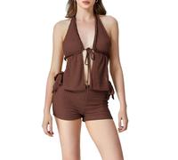 LYSINK Donne Crochet Hollow 2 Pezzi Sexy Collo Anteriore Tie-up Halter Backless Top Pantaloncini A Vita Bassa Y2K Beachwear, Ba Marrone Scuro, S