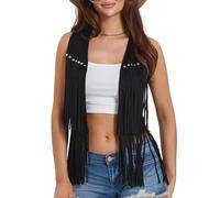 LYSINK Gilet da donna con nappa, rivetti in pelle scamosciata, senza maniche, con frange, stile anni '70, stile hippie, stile occidentale, da concerto, A-Nero, L