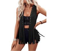 LYSINK Gilet da donna con nappe anni '70, hippie, cowgirl, western, in finta pelle scamosciata, rivetti senza maniche, con frange, streetwear, Ba Nero, S
