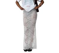 LYSINK Maxi gonna da donna in pizzo sottile elegante floreale a vita bassa vedere attraverso gonna lunga per uscire coprire la sottogonna, A-Bianco, S