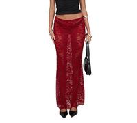 LYSINK Maxi gonna da donna in pizzo sottile elegante floreale a vita bassa vedere attraverso gonna lunga per uscire coprire la sottogonna, A-bordeaux, L