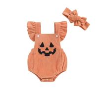 LYSINK My First Halloween Baby Girl Velluto Autunno Set Strega Zucca Ricamato Increspato Collo Quadrato Infantile Tuta Fascia Outfit, Ba Arancione, 0-3 Months