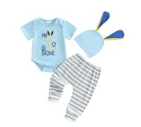 LYSINK Neonato Bambino Ragazza My First Easter 3Pcs Abiti Manica Corta Girocollo Pagliaccetto Orecchio Coniglietto Cappello Casual Pantaloni Set, Blu, 6-12 Months