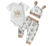 LYSINK Neonato Bambino Ragazza My First Easter 3Pcs Abiti Manica Corta Girocollo Pagliaccetto Orecchio Coniglietto Cappello Casual Pantaloni Set, Ba Khaki, 9-12 Months