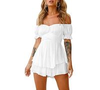 LYSINK Pagliaccetto da donna a maniche corte a sbuffo a maniche corte con spalle scoperte con volant pagliaccetto una linea fluida swing abito da spiaggia estivo prendisole, Ba Bianco, S