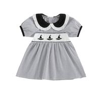 LYSINK Vestito da bambina a righe a maniche corte per Halloween | Collare per bambole, fantasma, cappello da strega, stampa pipistrello