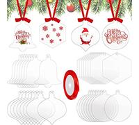 LYTIVAGEN 32 Pezzi Set di Ornamenti di Natale in Acrilico Trasparente con Nastro Rosso Dischi Acrilici Portachiavi Trasparente Vuoti Ciondoli Natalizi per Etichetta Regalo, Artigianato Fai-da-Te