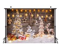 LYWYGG 7x5FT Sfondo di Fotografia di Natale per Bambini Albero di Natale Sfondo di Fotografia di Tavola di Legno Marrone Sfondo di Foto di Fiocco di Neve Regalo di Natale CP-100