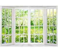 LYWYGG 7x5FT Sfondo Primaverile con Finestra Bianca per Videoconferenze e Fotografia, Paesaggio Realistico per Casa e Ufficio, Decorazione Domestica CP-472