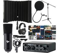 LyxJam Interfaccia audio USB 2x2 con driver Asio e pacchetto software creativo con kit microfono a condensatore professionale LP, supporto per microfono e cuffie di registrazione, scudo di