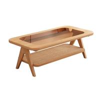 LYXWGRZD Tavolino Salotto in Legno Massello, Tavolino Laterale a 2 Ripiani con Piano in Vetro, Contenitore in Rattan per Soggiorno, Camera da Letto, Ufficio(Natural,47.2in/120cm)
