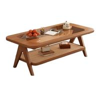 LYXWGRZD Tavolino Salotto in Legno Massello, Tavolino Laterale a 2 Ripiani con Piano in Vetro, Contenitore in Rattan per Soggiorno, Camera da Letto, Ufficio(Brown,47.2in/120cm)