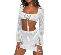 LYXYGMV Copricostume Mare Completo da Spiaggia da Donna in 2 Pezzi, con Scollo Quadrato, Maniche Lunghe, Lacci sul Davanti, Copricostume in Maglia e Minigonna.(White,S)