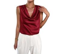 LYXYGMV Top Senza Maniche in Raso da Donna - Camicetta Stile Camicia con Scollo a V Drappeggiato e Volant a Cascata, Elegante Canotta in Seta Senza Maniche per l'uso Quotidiano(Wine Red,M)