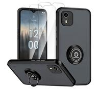 LYZXMY Cover per Nokia C12 / Nokia C12 Pro Nera con anello Stand Case+2 x protezione dello schermo in vetro temperato,PC +TPU antiurto antigraffio telefono Custodia Cover