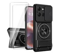 LYZXMY Custodia per Motorola Moto G77 5G+2 x Protezione Schermo+Doppio Supporto (Supporto Rotante a 360 Gradi, Supporto Espandibile) e Cover per Fotocamera con Coperchio Scorribile - Nero