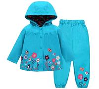 LZH Bambino Impermeabile Ragazza Pioggia Giacca con Cappuccio + Pantaloni Set,Blue,2-3 anni (100)