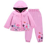 LZH Bambino Impermeabile Ragazza Pioggia Giacca con Cappuccio + Pantaloni Set,Pink,3-4 anni (110)