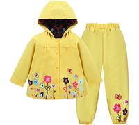 LZH Bambino Impermeabile Ragazza Pioggia Giacca con Cappuccio + Pantaloni Set,Yellow,5-6 anni (130)