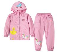 LZH Boys Raincoat Bambini Girls impermeabile con cappuccio, pantaloni giacca vestito leggero 2 pezzi set, dimensioni unisex 100/2-3 anni, Rosa-A