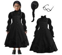 LZH Costume da Strega per Bambine Costume di Halloween per Bambini Vestito Nero di Halloween con Parrucca e Occhiali per Outfit Cosplay 11-12 anni