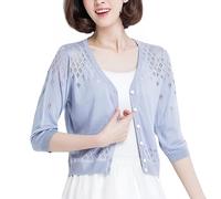LZHTZQANU Coprispalle Donna,Cardigan da Donna in Maglia con Scollo A V Abbottonato Leggero Corto Giacca A Maniche Lunghe Elegante Coprispalle per Abiti Capospalla Estivo Grigio Blu Taglia L