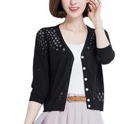 LZHTZQANU Coprispalle Donna Elegante,Cardigan da Donna in Maglia con Scollo A V Abbottonato Leggero Corto Giacca A Maniche Lunghe Elegante Coprispalle per Abiti Capospalla Estivo Nero Taglia L